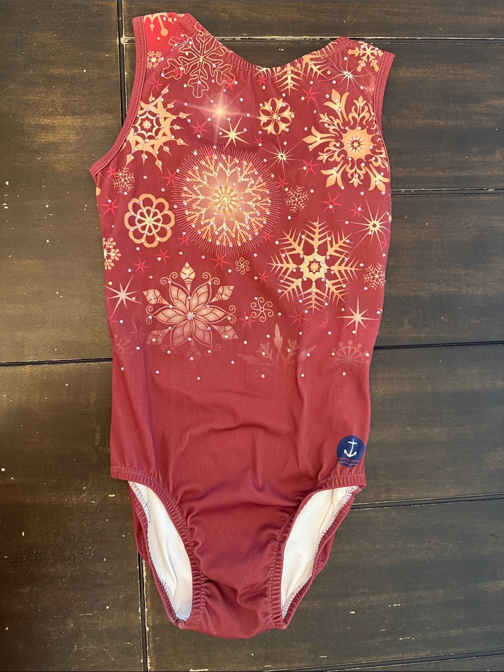Anchor Activewear Glisten Cranberry & Gold Snowflakes Gymnastics Leotard